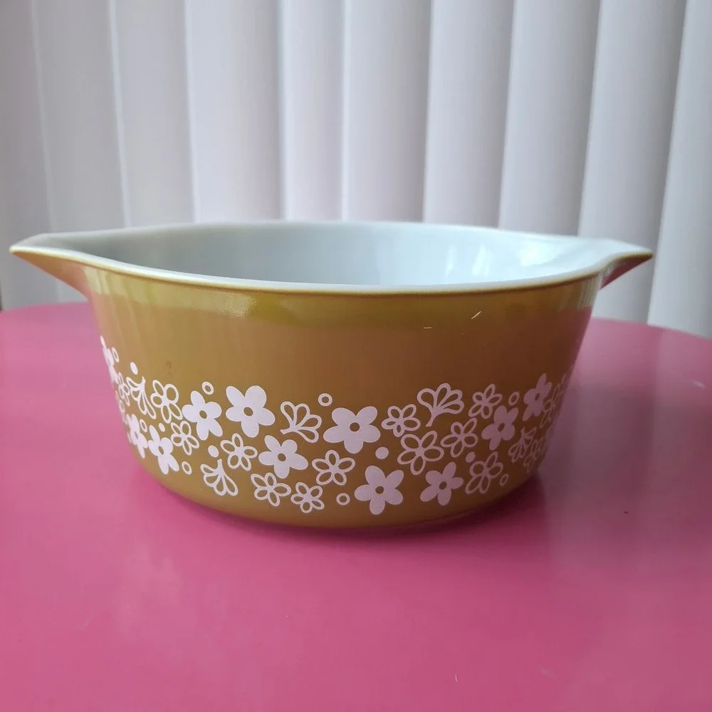 Pyrex Spring Blossom Green 475-B Casserole Bowl 2.5 Qt Vintage Green White‎